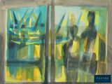 deux tableaux représentant un homme et une femme assis sur un canapé devant une fenêtre