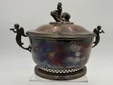 a metal bowl with a lid on a clear base