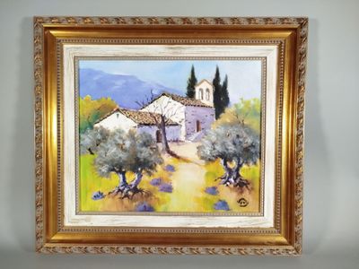 une peinture à l'huile représentant une maison avec des oliviers devant