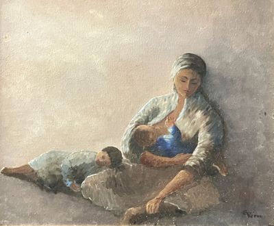 painting of a woman and child sitting on the ground next to each other