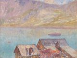 une peinture à l'huile représentant une maison au bord d'un lac, avec des montagnes en arrière-plan