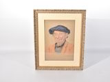 un tableau représentant un vieil homme coiffé d'un chapeau bleu et tenant une pipe
