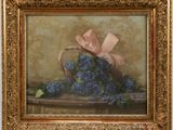 an oil painting of a basket of blue flowers with a pink bow