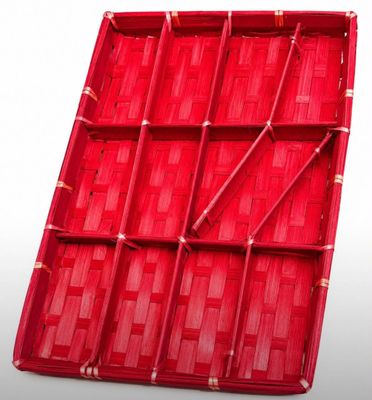 an image of a red tray with six compartments on it