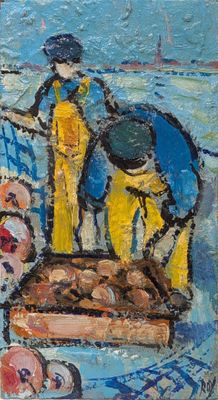 un tableau représentant un homme et une femme sur un bateau