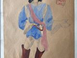 painting of a man dressed in blue and red holding a sword