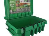 a green box filled with gardening tools on top of a white background