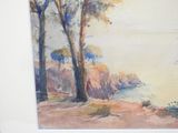 a picture of a watercolor painting of trees by the water