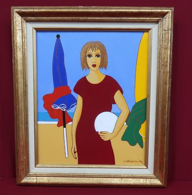 tableau représentant une femme en robe rouge tenant une balle blanche