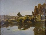 an image of a painting of a river with trees in the background