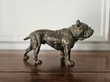 une statue en bronze représentant un chien, posée sur une table en bois