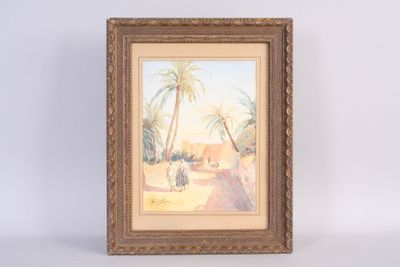 an image of a painting of a desert scene with palm trees