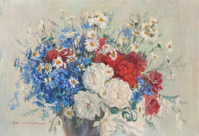 a painting of flowers in a vase on a table