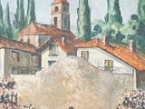 une peinture représentant un groupe de personnes devant un bâtiment
