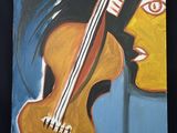 peinture représentant une peinture d'une guitare et du visage d'une femme sur fond noir