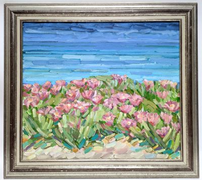 painting of pink flowers by the ocean in a silver frame