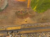 a picture of a painting of a woman with a basket of flowers on a table