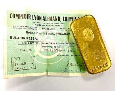 Lingot D'OR Numerote 324 620. Avec Son Bulletin D'Essai DU C…