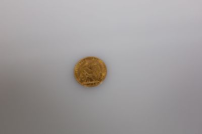 gros plan d'une pièce d'or sur une surface blanche
