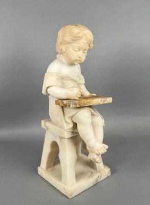 Enfant à lecture, sujet en marbre et albâtre signé PUGI sur … - Photo 1