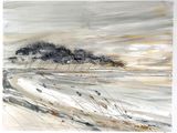 a painting of a painting of a beach with grass and water