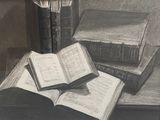 le dessin d'un livre ouvert posé sur une table, à côté d'une pile de livres
