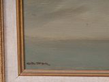 an oil painting of a sailboat on the water in a golden frame