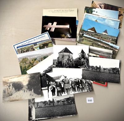several black and white photos of a group of people standing in front of a building
