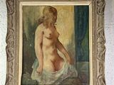 tableau représentant une femme nue assise sur un lit devant un mur blanc