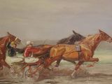 painting of a group of horses pulling a carriage down a dirt road
