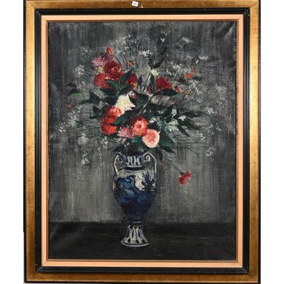 une peinture à l'huile représentant un vase avec des fleurs sur une table