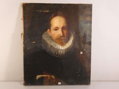 un vieux tableau représentant un homme portant un col blanc et une robe noire