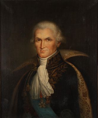 un tableau représentant un homme vêtu d'un manteau bleu et d'une chemise blanche