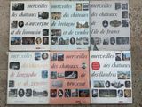 quatre livres posés par terre, avec des photos de personnes et de bâtiments