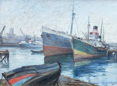 a painting of a boat in the water next to other boats