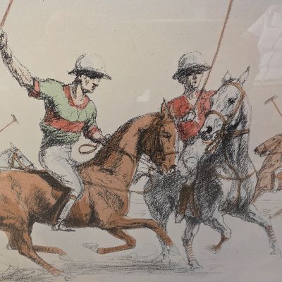 un dessin représentant deux hommes à cheval jouant au polo