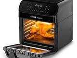 an air fryer oven with a chicken in it and a tray in front of it