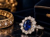 a close up of a blue sapphire and diamond ring on a table