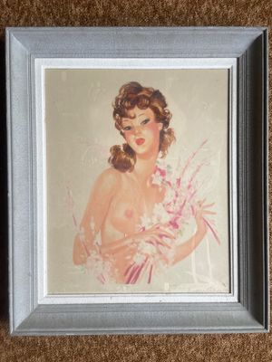painting of a woman holding a bouquet of flowers in a silver frame