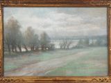 une peinture à l'huile représentant un paysage avec un chemin de terre et des arbres