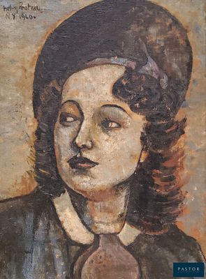 un vieux tableau représentant une femme portant un chapeau et une cravate