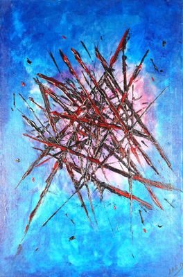 une peinture représentant une œuvre abstraite bleue et rouge