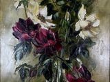 a painting of flowers in a vase on a table