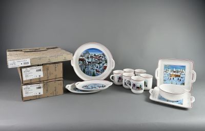 many different types of dishes and cups on the table