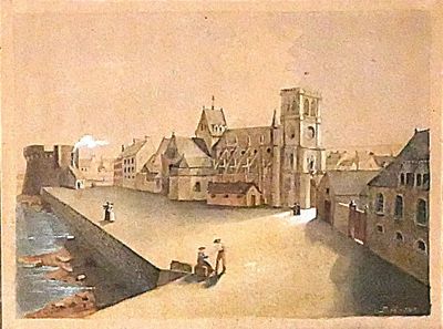 a picture of a painting of a town with people on it