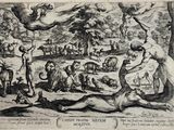 an old black and white drawing of a man laying on the ground in front of a group of animals
