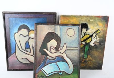 trois tableaux représentant un homme et une femme avec une guitare, ainsi qu'une femme avec une guitare