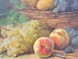 a painting of a basket of fruit with grapes and peaches