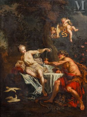 a painting of a man and a woman in a wooded setting