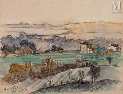 dessin représentant un paysage avec une ferme et une maison au loin